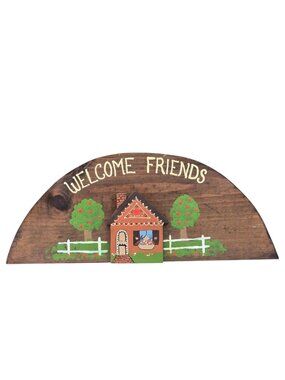 Vintage Wooden Welcome Friends Wall Plaque Cottage Trees Cottagecore Country 90s